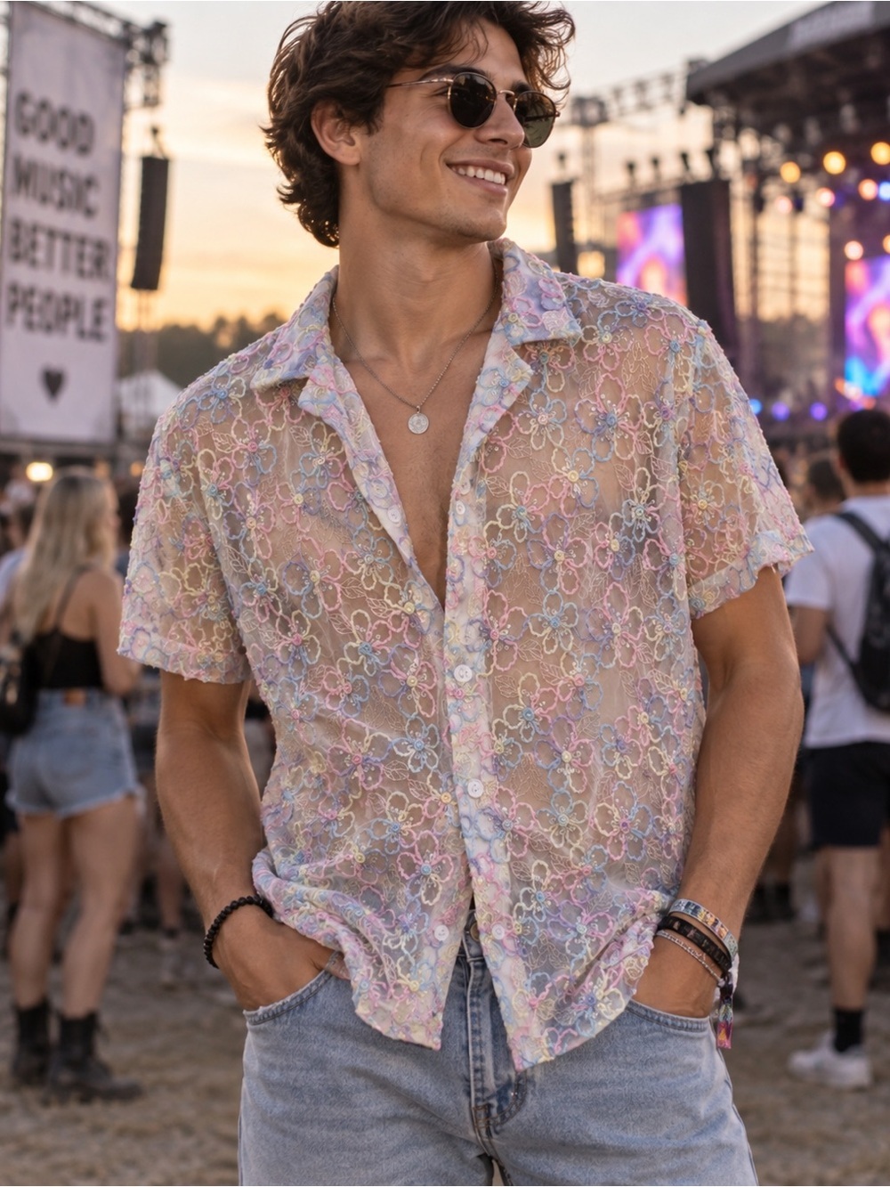 iHeartRaves Mesh Floral Embroidered Sequin Button Shirt Top Medium Festival